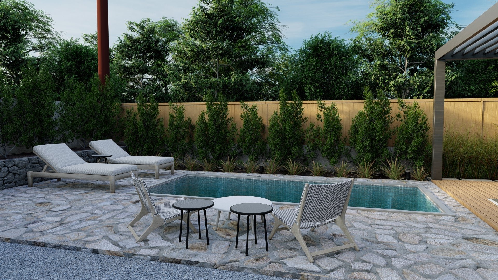 小后院设计，天然石材硬景观，座位周围的游泳池