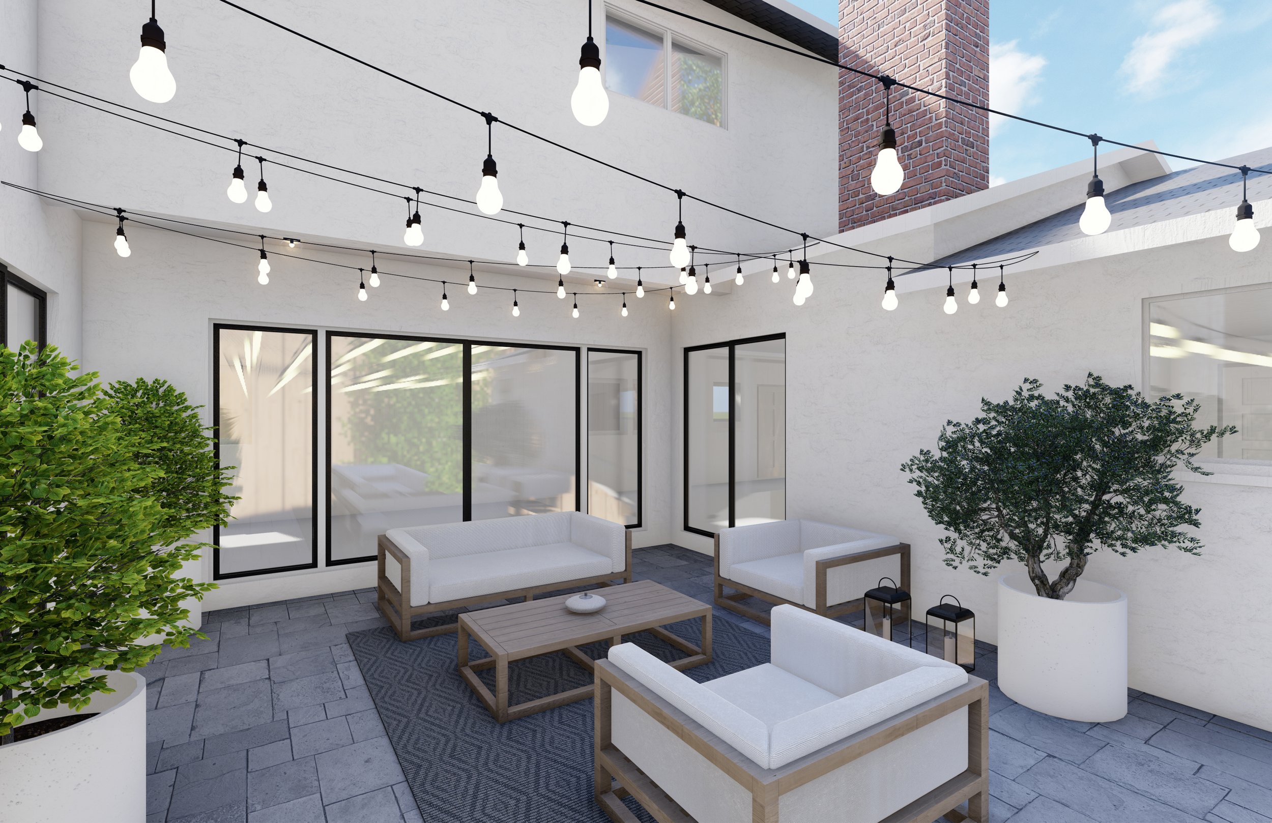 庭院设计与水泥混凝土摊铺机天井和柚木户外沙发、躺椅和咖啡桌开销字符串灯。