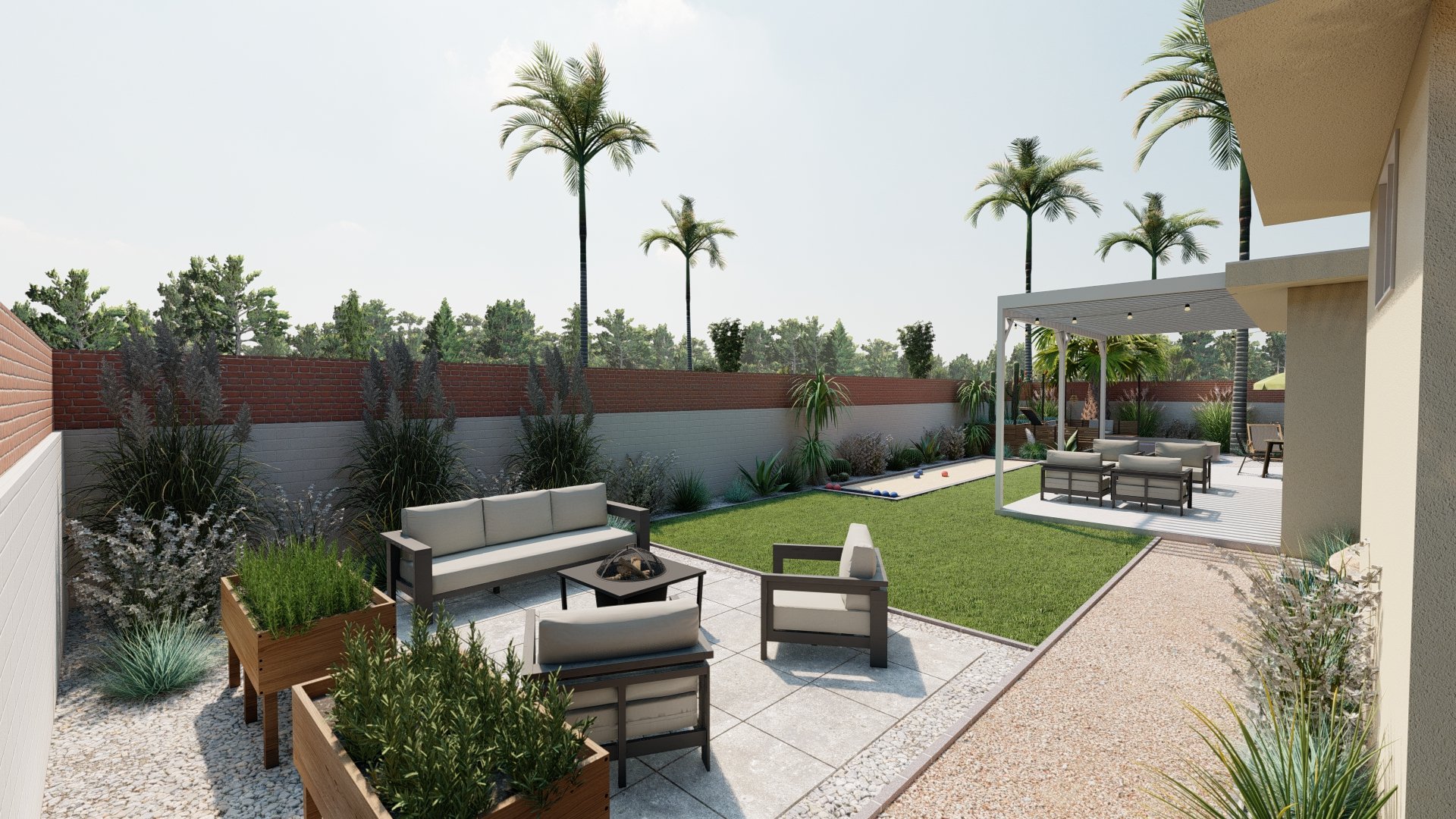 后院的设计与具体的步进和砾石天井沃克沙发和躺椅,提高草花园,火坑。