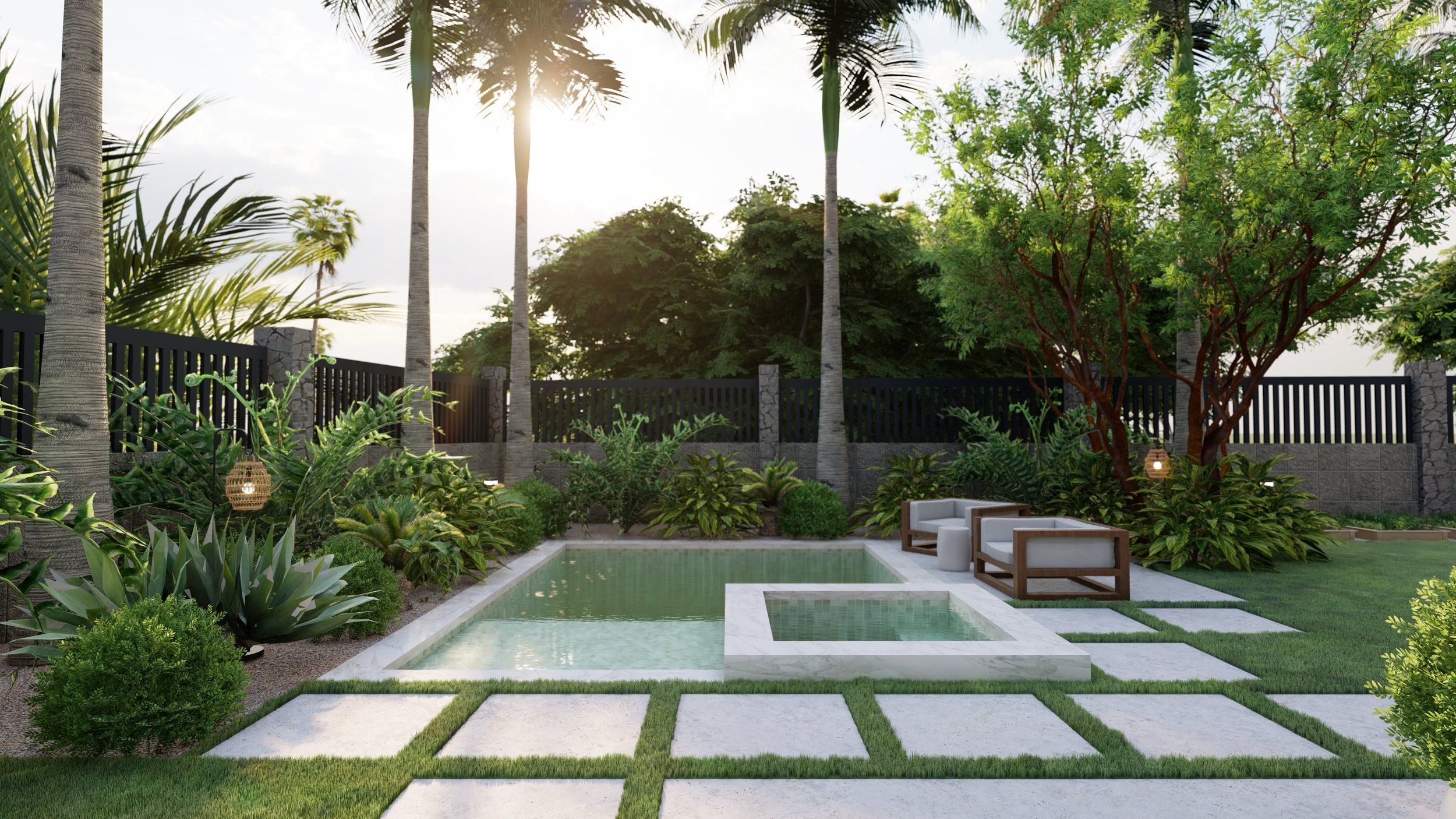 后院设计面向外部围栏，有热带植物和瓷砖游泳池