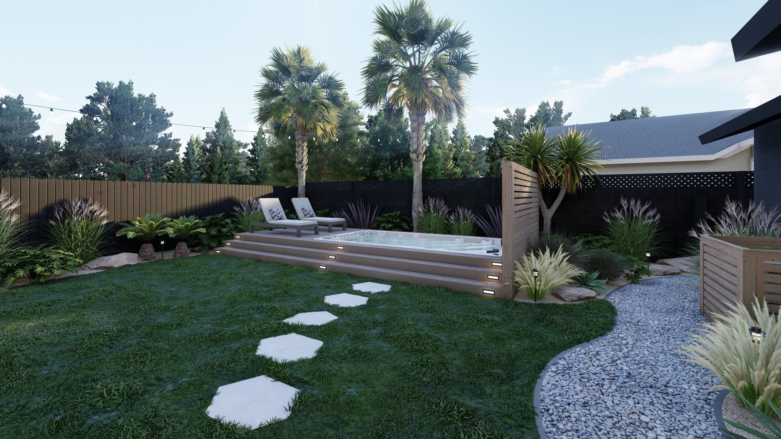 后院草坪与天然石材小径通往复合甲板环绕的跳水池