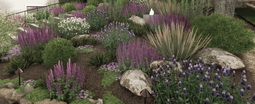 Yardzen 3 d渲染山坡上的植物种植,包括紫色花朵和草