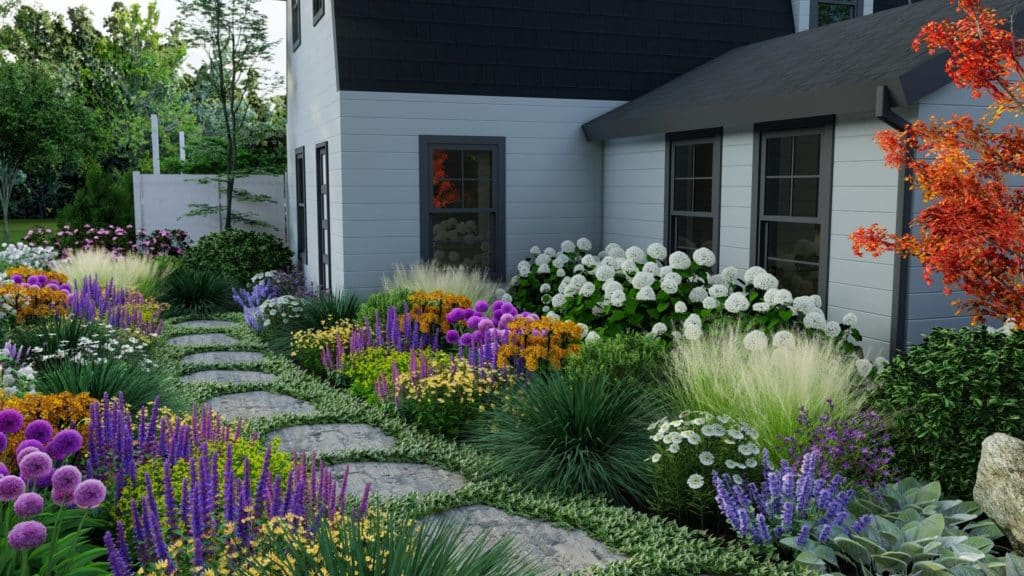 马萨诸塞州的前院设计，郁郁葱葱的花坛，包括蝴蝶草和绣球花。