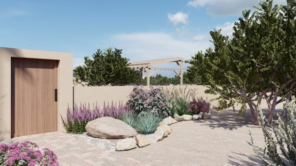 新墨西哥州侧院景观设计，铺路机走道和种植床万博官网手机版网页版登录与巨石，岩石边缘，和炫耀的马利筋花园。