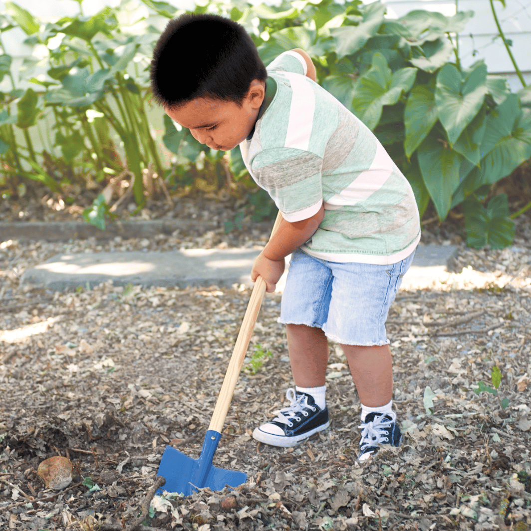 一个小男孩在花园里试图用铲子挖和拉。