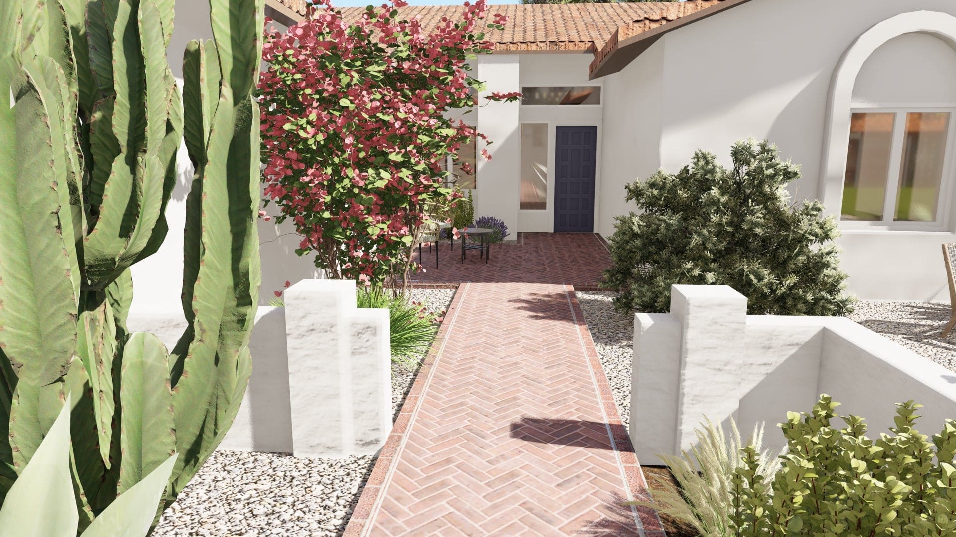 三维设计渲染的家庭入口砖走道和蓝色前门
