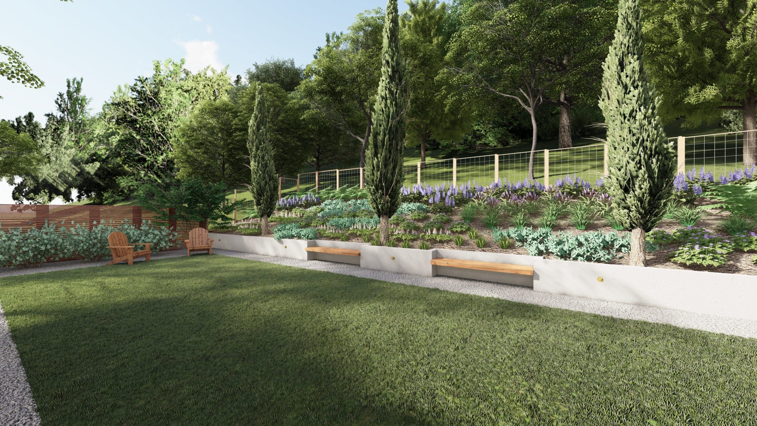 三维渲染的后院设计，包括挡土墙和长凳，以及遍布斜坡的植物