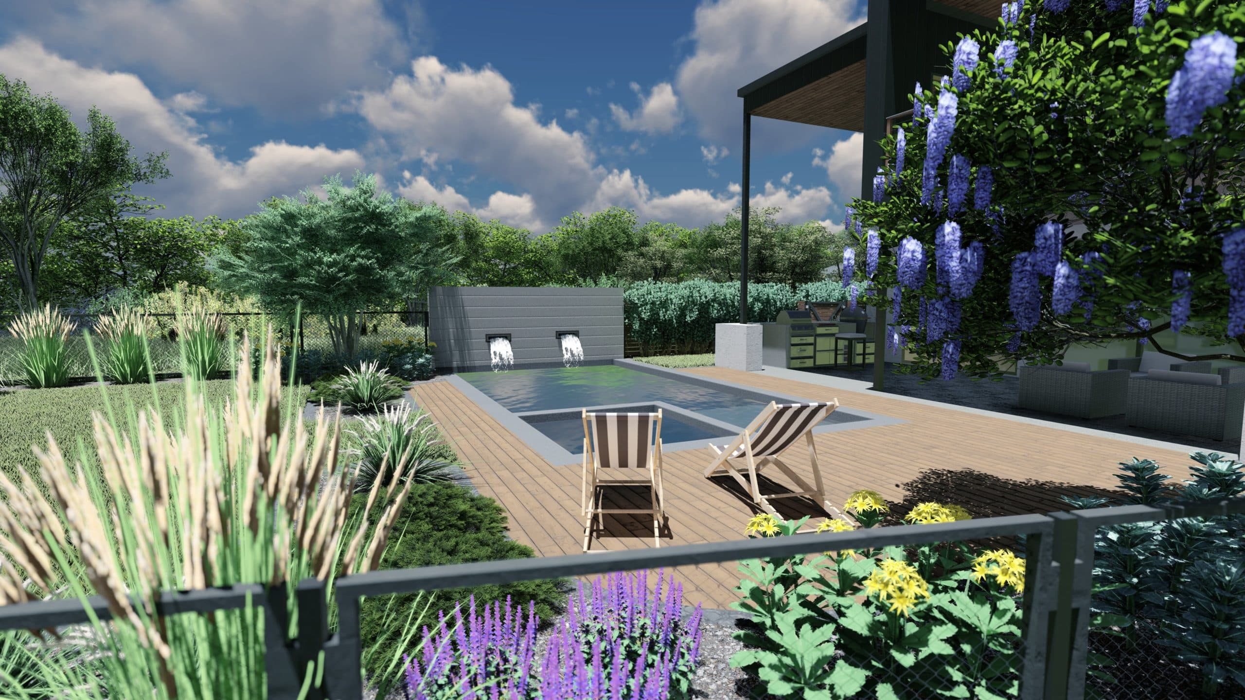 庭院的3D设计渲染与郁郁葱葱的种植床，游泳池和游泳池甲板与躺椅