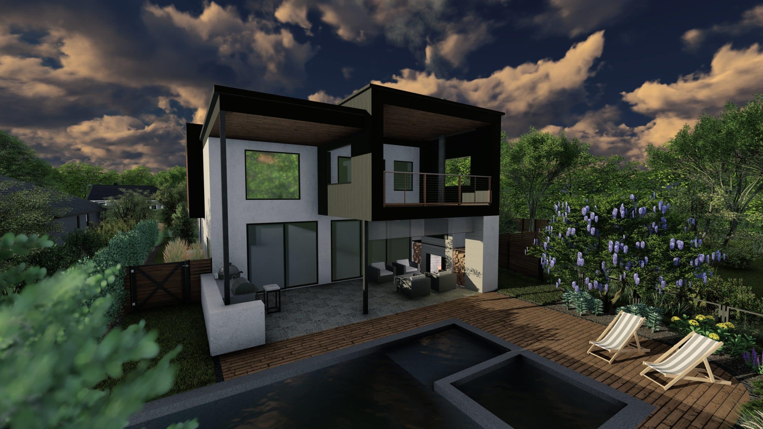 带有游泳池和休息区的现代家庭后院的3D设计渲染