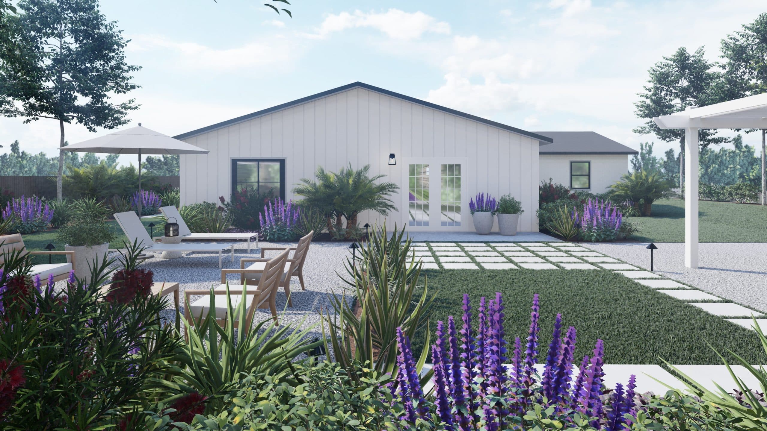 3D渲染的后院设计，郁郁葱葱的种植床，小草坪和躺椅