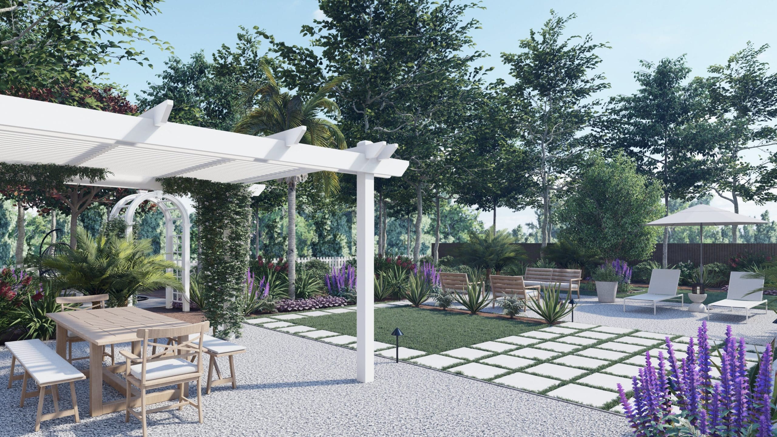 3D设计渲染碎石餐厅区覆盖凉棚，小草坪，休息区横跨摊铺机走道