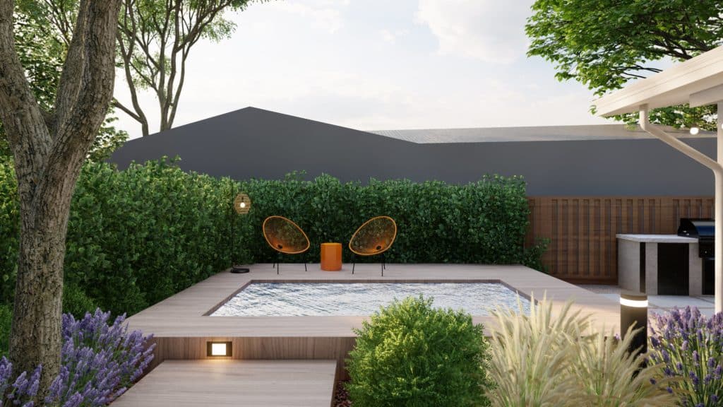 庭院渲染凸起的加热跳水池，有timbertech泳池甲板，座位区，前景有树木和植物