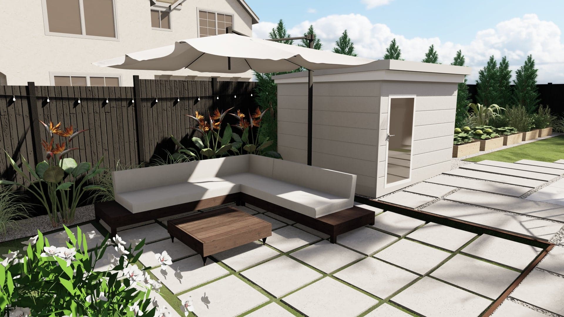 后院的3D设计渲染与混凝土摊铺机露台和休息室家具