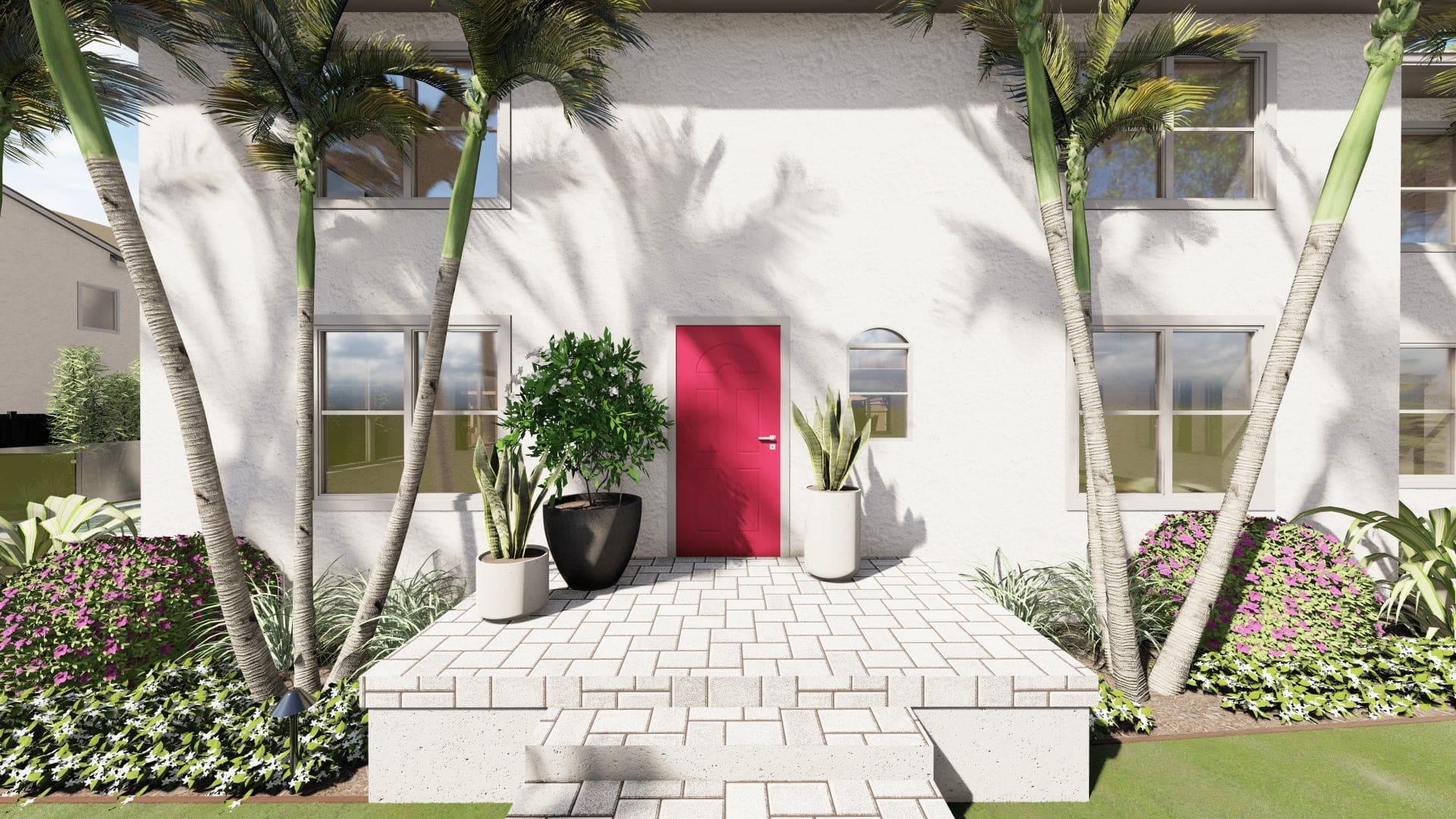 家门口的3D设计渲染，红色前门和热带植物