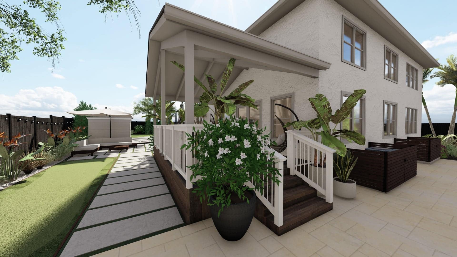 侧院子的3D设计渲染与混凝土步进路径和热带植物