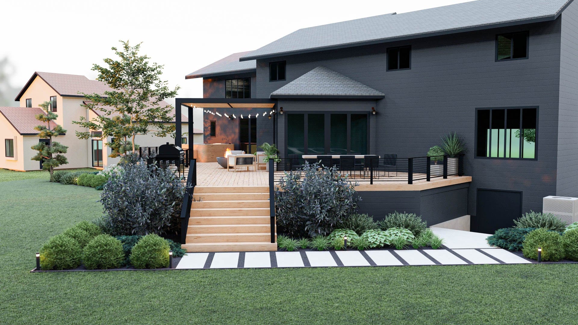 庭院的3D设计渲染，现代甲板，藤架覆盖的火坑座位区，铺路机路径和种植床周围