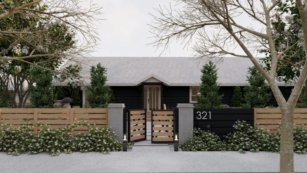 黑色现代牧场风格与垂直板木栅栏和具体的职位在前院侧面门