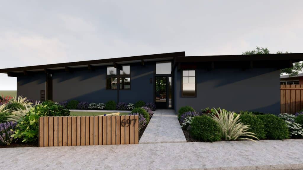 现代黑色带回家观赏草和灌木在前院绿化和观赏“墙”由4 x4的帖子垂直设置在地面上
