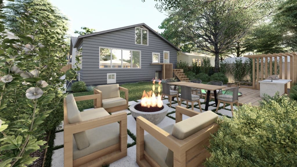 cozy backyard with paver patio, fire pit seating area, dining set, and simple outdoor kitchen