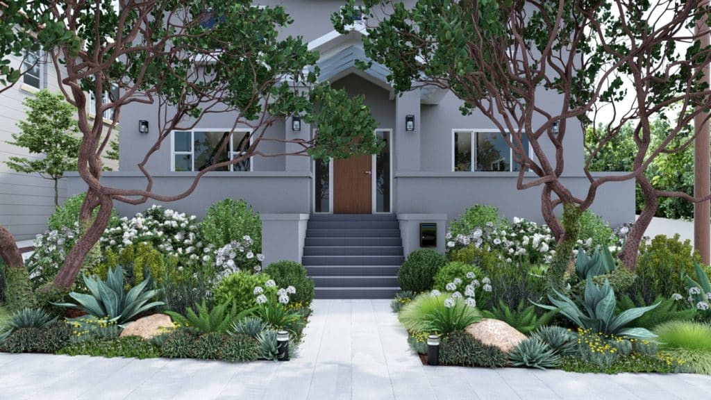 前院设计和郁郁葱葱的一层灰色的家里plantings including trees, groundcover, grasses, and flowering shrubs