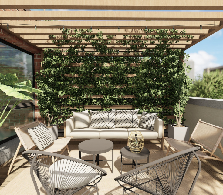 Yardzen渲染的小屋顶空间与户外沙发,椅子和桌子在木藤架