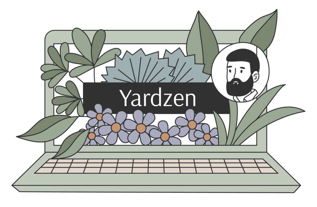 笔记本电脑的插图，屏幕上显示Yardzen的标志和男人的脸在一个气泡中，植物从屏幕中生长出来。