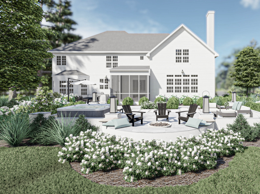 3D后院设计呈现出令人惊叹的白色住宅，时尚的火坑座位区，以及有开花植物的种植床。