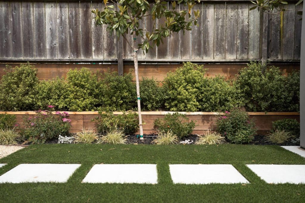 Yardzen设计了后院，在覆盖的种植床中新种植的树木。